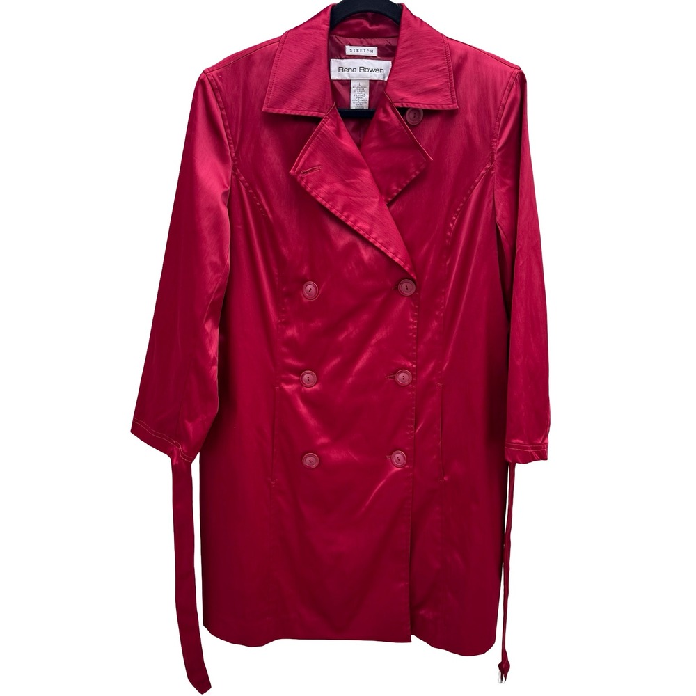 Rena Rowan Womens Red Double Breasted Stretch Trench Coat Jacket Size L Belted